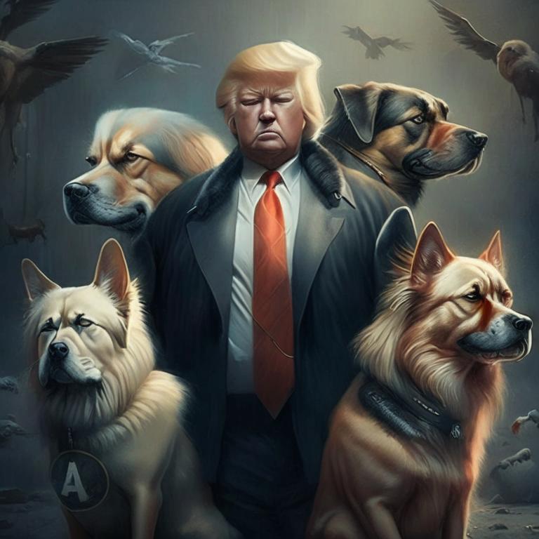 Трамп с собаками. Нейросеть Кандинский 2.1.