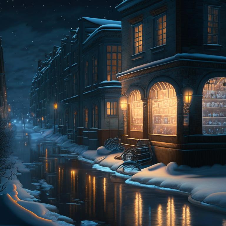 Питер, ночь, улица вдоль заледеневшего канала освещается фонарями, аптека в здании возле низкого моста. Нейросеть Кандинский 2.1.