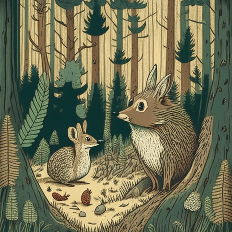 Еж и заяц в хвойном лесу. Нейросеть Кандинский 2.1.