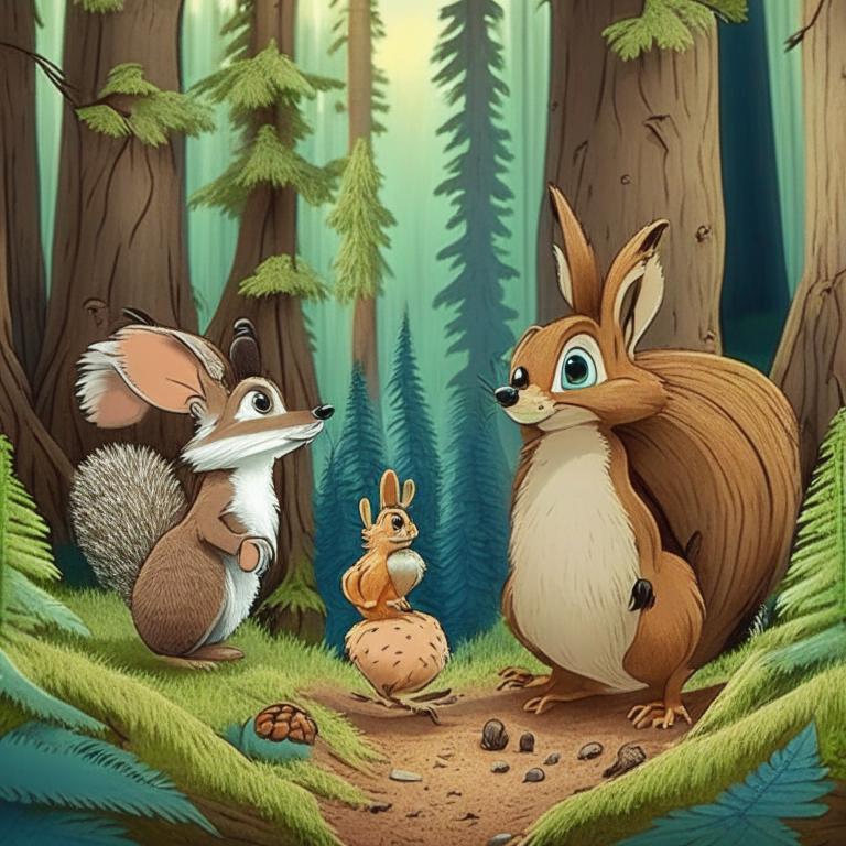 Еж, белка и заяц в хвойном лесу, диснеевский мультфильм. Нейросеть Кандинский 2.1.