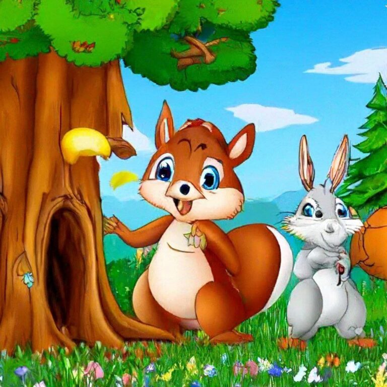 Еж, белка и заяц в хвойном лесу, американский мультфильм. Нейросеть Шедеврум.