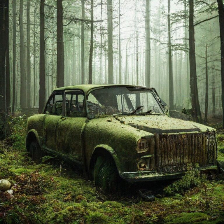 Старый ВАЗ-2101 в лесу. Нейросеть Шедеврум.