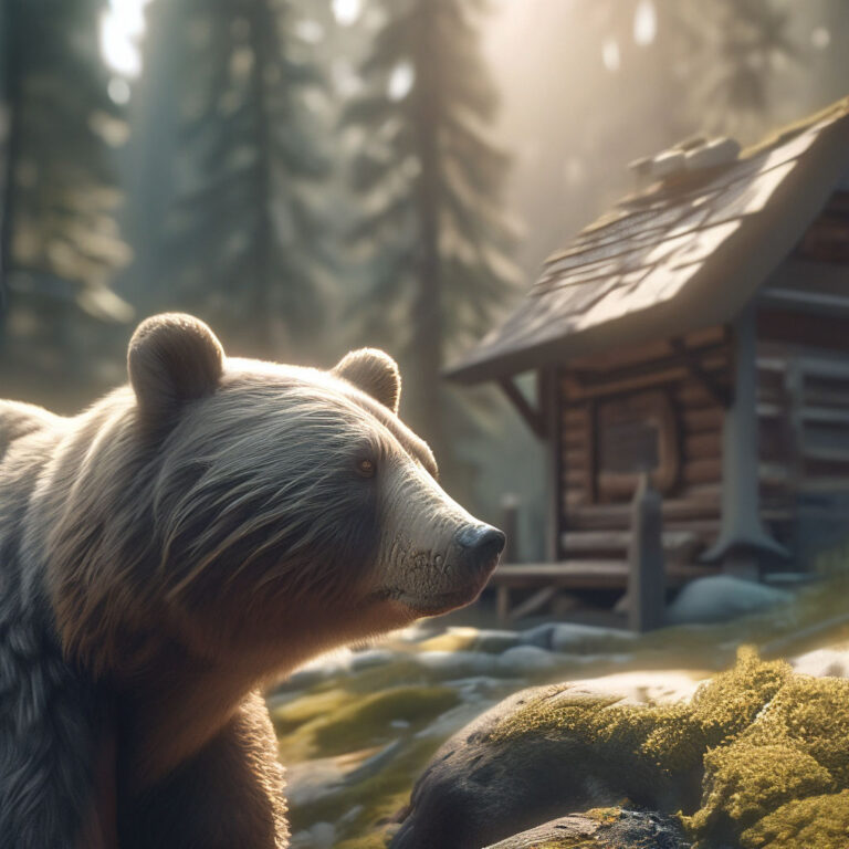 Медведь возле избушки в лесу. Нейросеть Шедеврум.