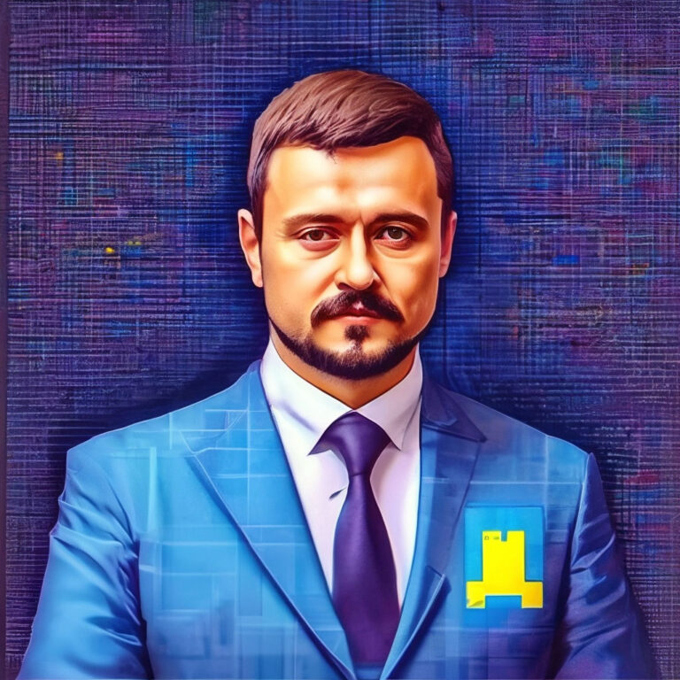 Украинский актер, управляющий Украиной.  Нейросеть Шедеврум.