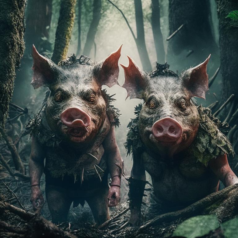Две злые свиньи в лесу. Kandinsky 2.1.