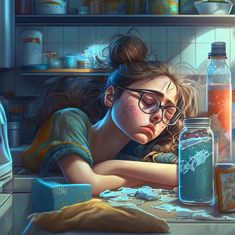 Девочка подросток в очках спит за кухонным столом. Нейросеть Kandinsky 2.1.