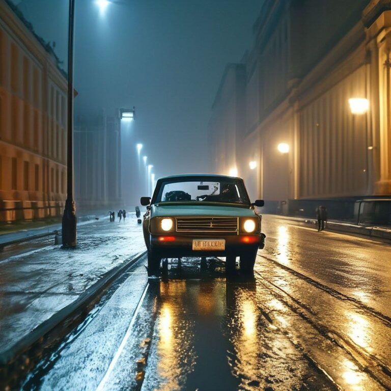 1989 год, ночь, дождь, московский переулок, одинокий автомобиль. Нейросеть Шедеврум.