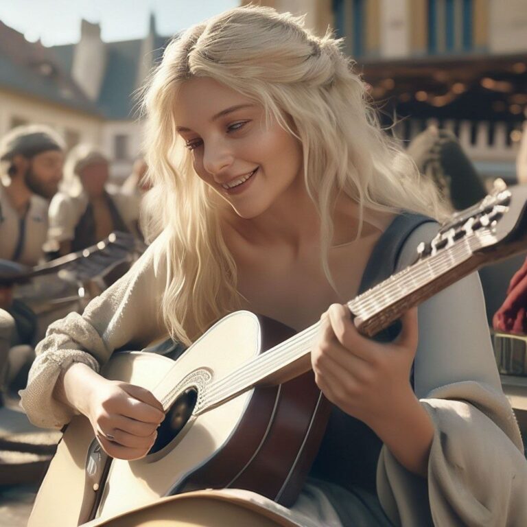 Средневековая бродячая артистка играет на гитаре и поет. Нейросеть Шедеврум.