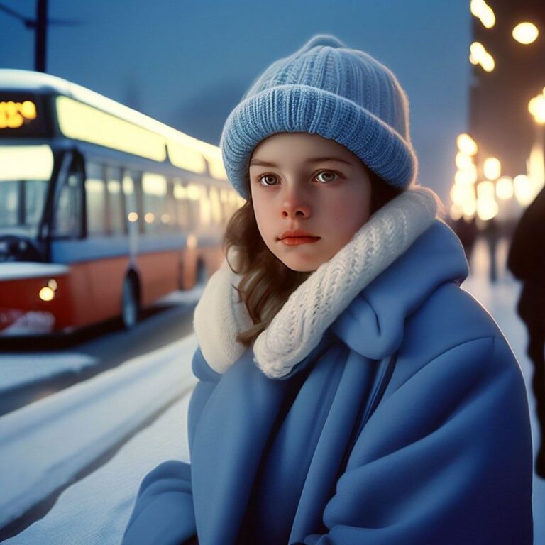Середина 1980-х годов. Зима. Вечер. Девушка на троллейбусной остановке. Нейросеть Шедеврум.