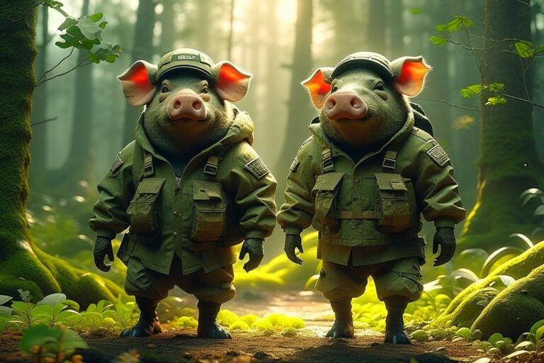Две свиньи в камуфляжных куртках в лесу. Kandinsky 2.2.