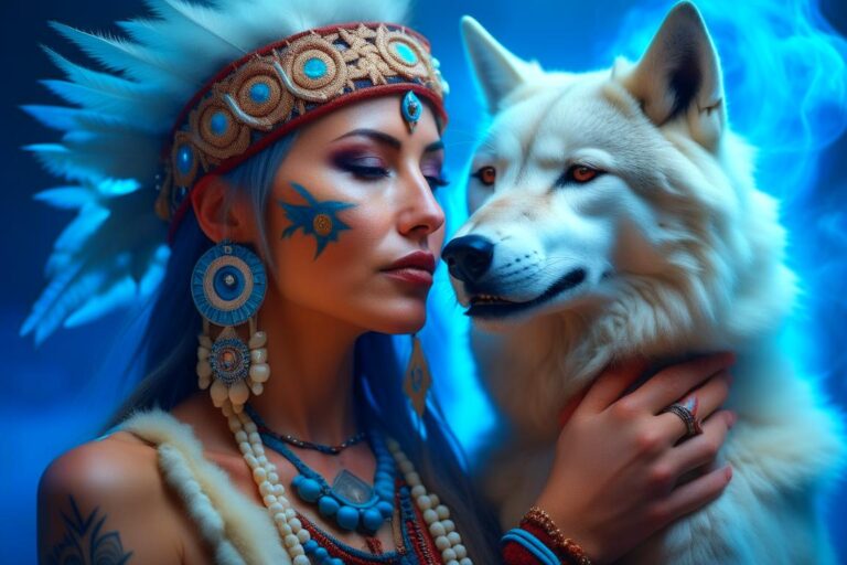 Девушка шаман обнимает белого волка. Нейросеть Kandinsky 2.2