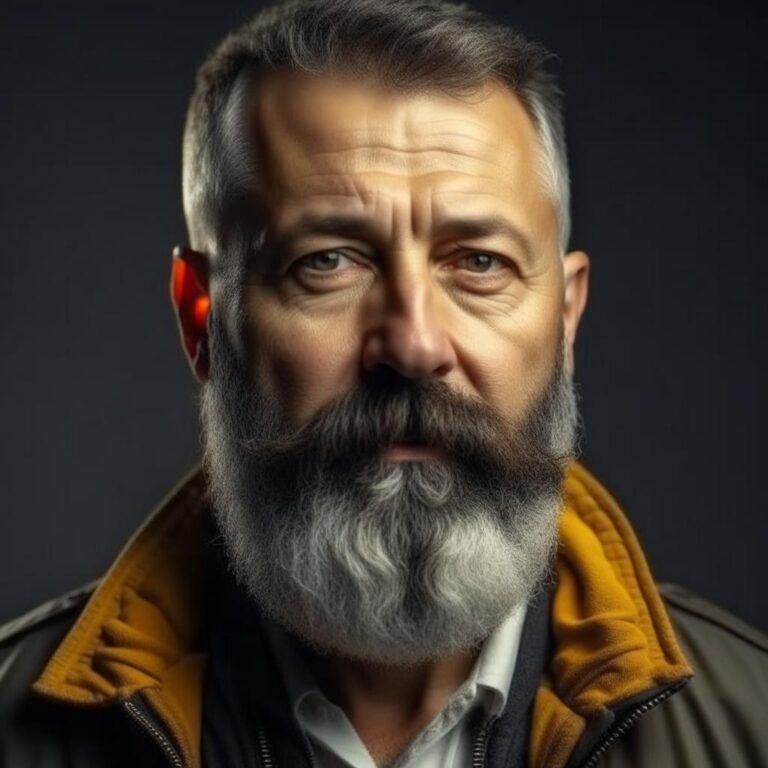 Мужчина средних лет с бородой в куртке. Нейросеть Kandinsky 2.2.