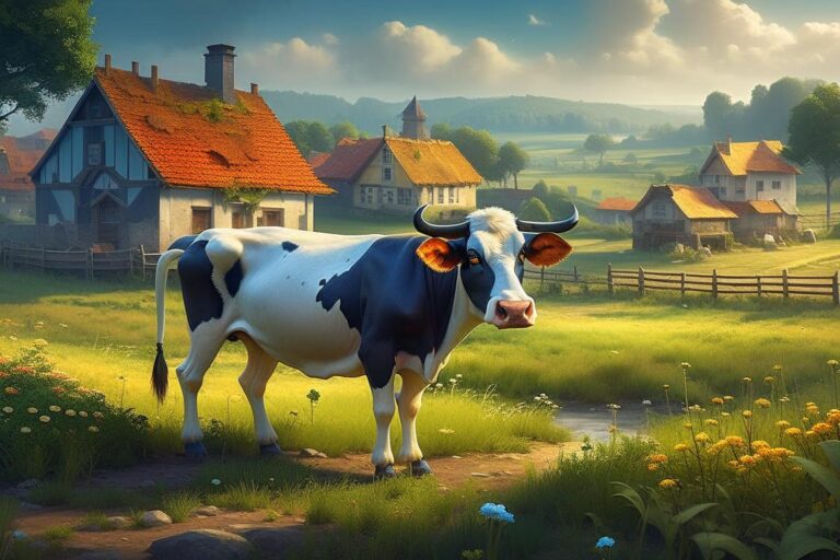 Корова на лугу на фоне деревни. Нейросеть Kandinsky 2.2.