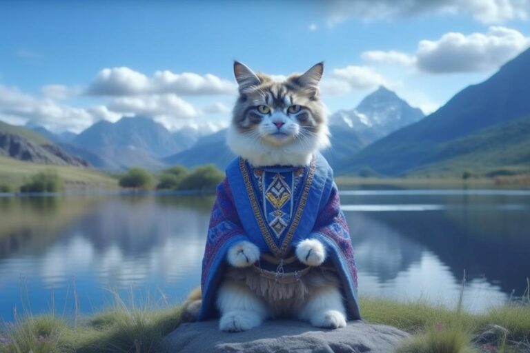 Кот в одежде тибетского ламы медитирует, на заднем плане тибетские горы и озеро. Kandinsky 2.2.