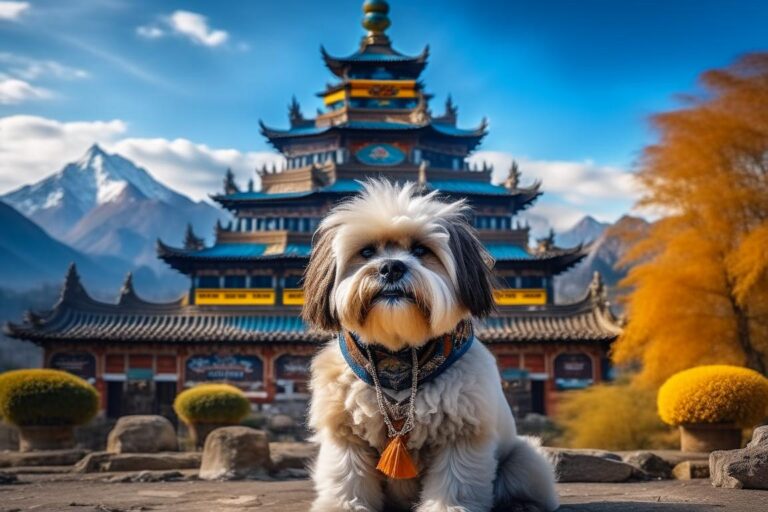 Лхасский апсо в одежде буддистского ламы медитирует на фоне пагоды и Тибетских гор, утро, умеренная цветовая насыщенность, фото снято на фотоаппарат Olympus, малая контрастность. Kandinsky 2.2.