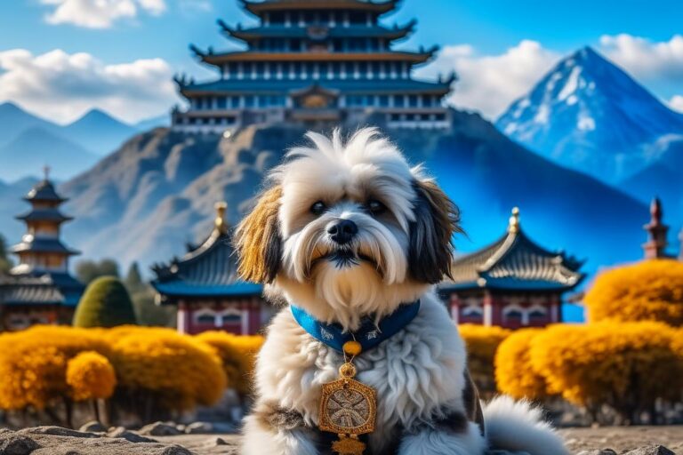 Лхасский апсо в одежде буддистского ламы медитирует на фоне пагоды и Тибетских гор, утро, умеренная цветовая насыщенность, фото снято на фотоаппарат Nikon, малая контрастность. Kandinsky 2.2.