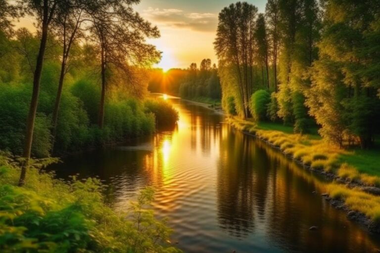 Река, лес, лето, закат. Нейросеть Kandinsky 2.2.