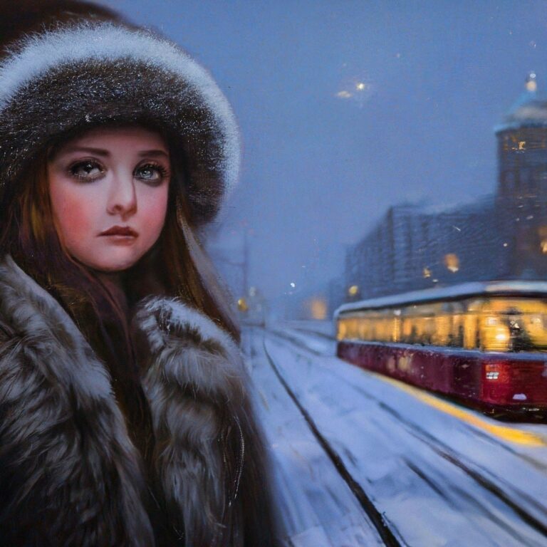 Середина 1980-х годов. Зима. Вечер. Девушка на троллейбусной остановке. Нейросеть Шедеврум.