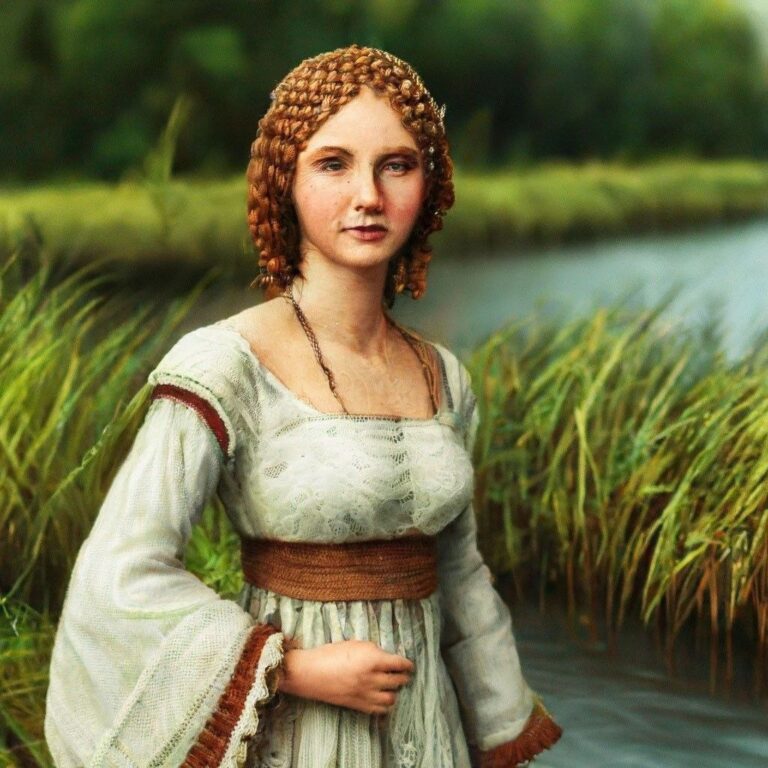 Крестьянка из Средневековой Европы у реки с камышами. Нейросеть Шедеврум.