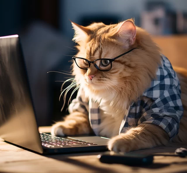 Кот в очках работает за ноутбуком